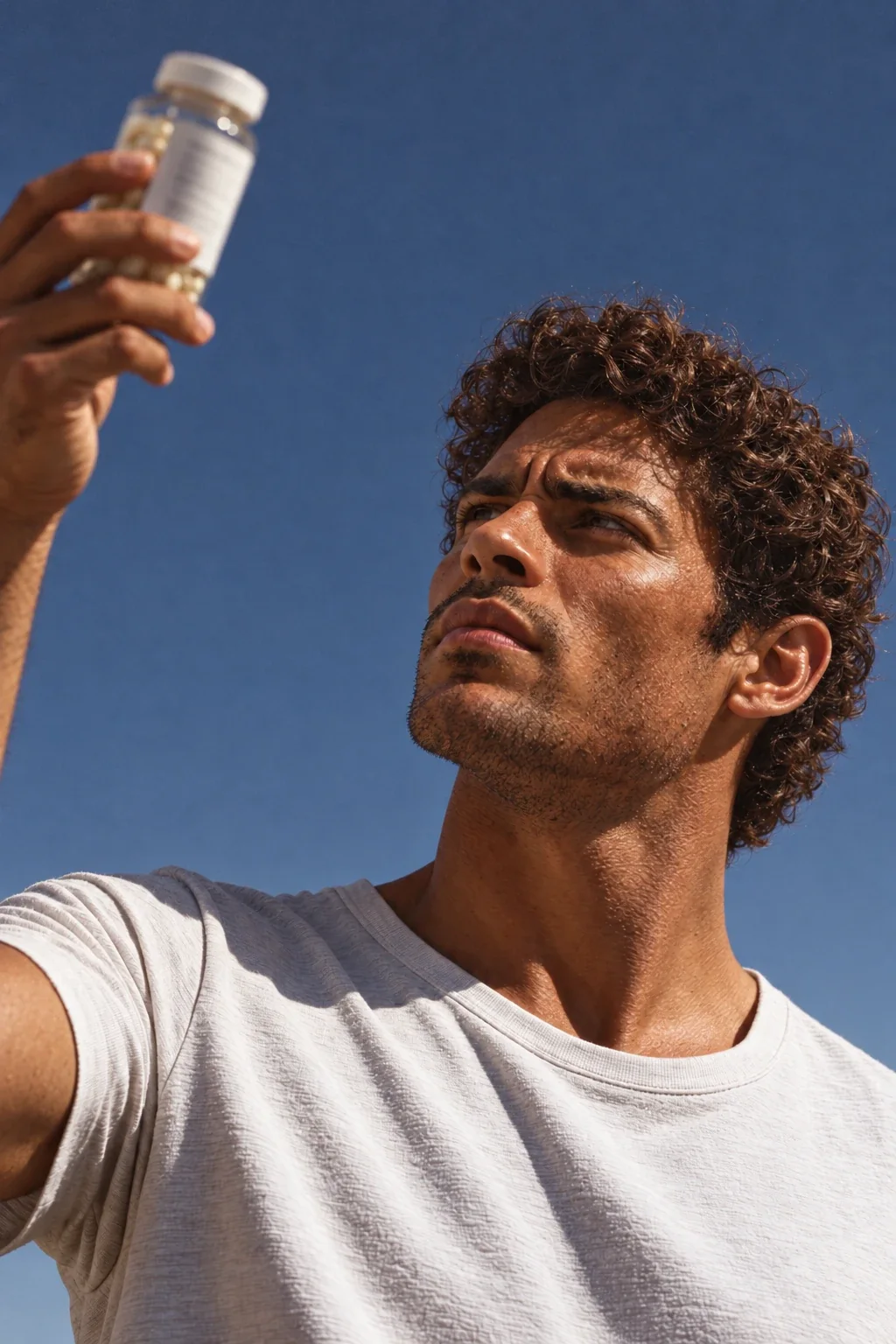 A man holding up a supplement bottle to read its label